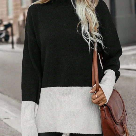 Multicolor Preppy Womens Two Tone Drop Shoulder Split Hem Drop Shoulder Sweater - Picture 6 of 6